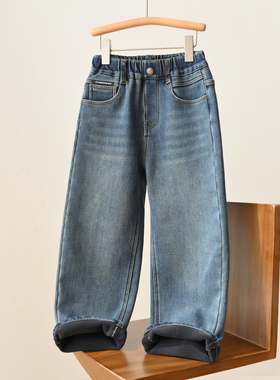 170儿童直筒加绒牛仔裤 男童女童一体绒保暖长裤中大童 冬款 童装