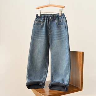 童装 170儿童直筒加绒牛仔裤 冬款 中大童 男童女童一体绒保暖长裤