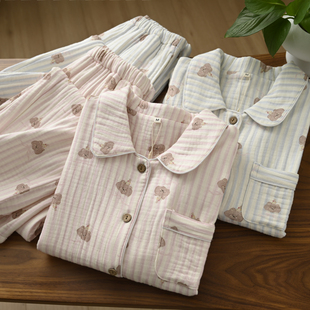 女士卡通娃娃领家居套装 四层纱布纯棉睡衣 起居服 秋冬款 女装