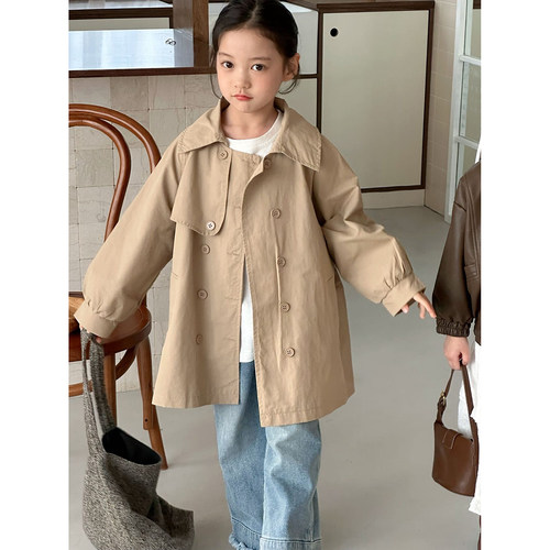 儿童双排扣风衣女童中长款外套