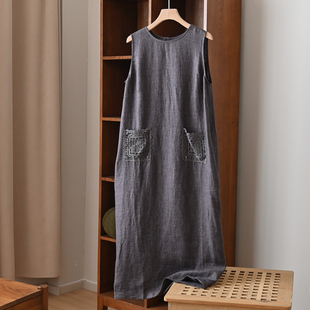 慵懒感夏日背心长裙 21支 圆领连衣裙 女士无袖 灰色裙子 水洗亚麻