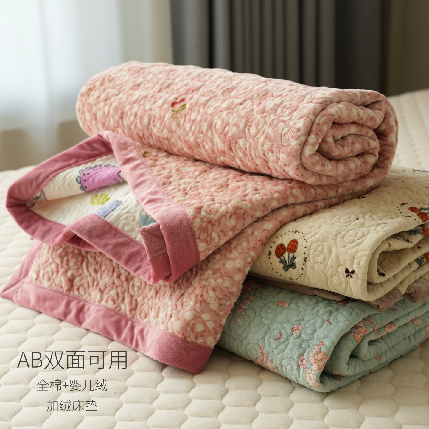 AB双面可用 加绒床垫 单人床卡通床垫 绗缝床盖 床单床品 四季款,床上用品,床单,淘宝优惠券,粉丝福利购,淘宝优惠卷