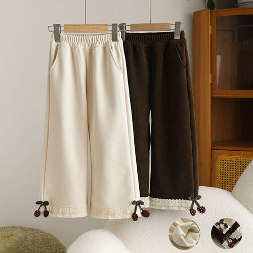 儿童小樱桃加绒阔腿裤条绒长裤