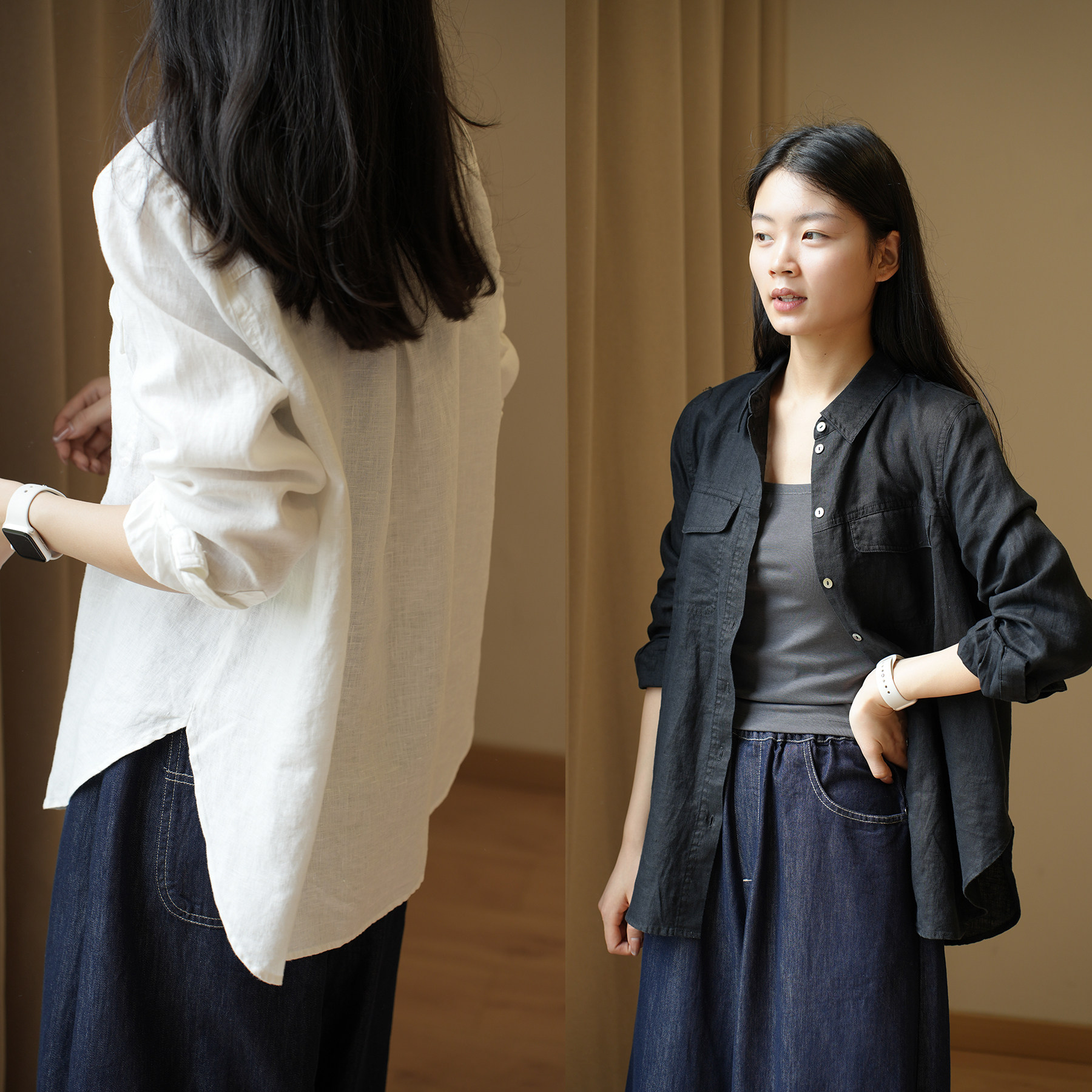 14支 女士水洗全亚麻衬衫 长袖宽松衬衣 翻领空调衫 春秋款 女装