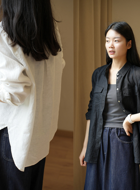 14支 女士水洗全亚麻衬衫 长袖宽松衬衣 翻领空调衫 春秋款 女装