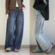 微阔高腰棉质牛仔裤 高个子款 女士复合一体绒保暖酷飒弯刀裤 冬k