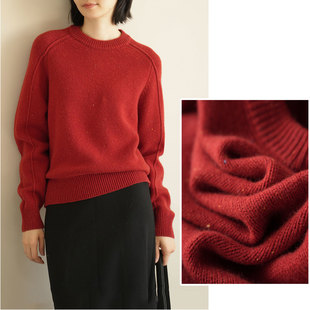 新年红 女士全羊毛套头毛衣 双股26支 点子纱圆领宽松上衣 冬款