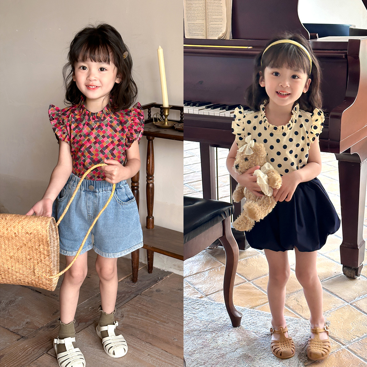 夏日背心 儿童高支全棉上衣娃娃衫 木耳边纯棉宽肩T恤 中大童夏装