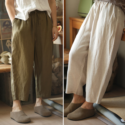 14支全亚麻女士九分薄款哈伦裤夏