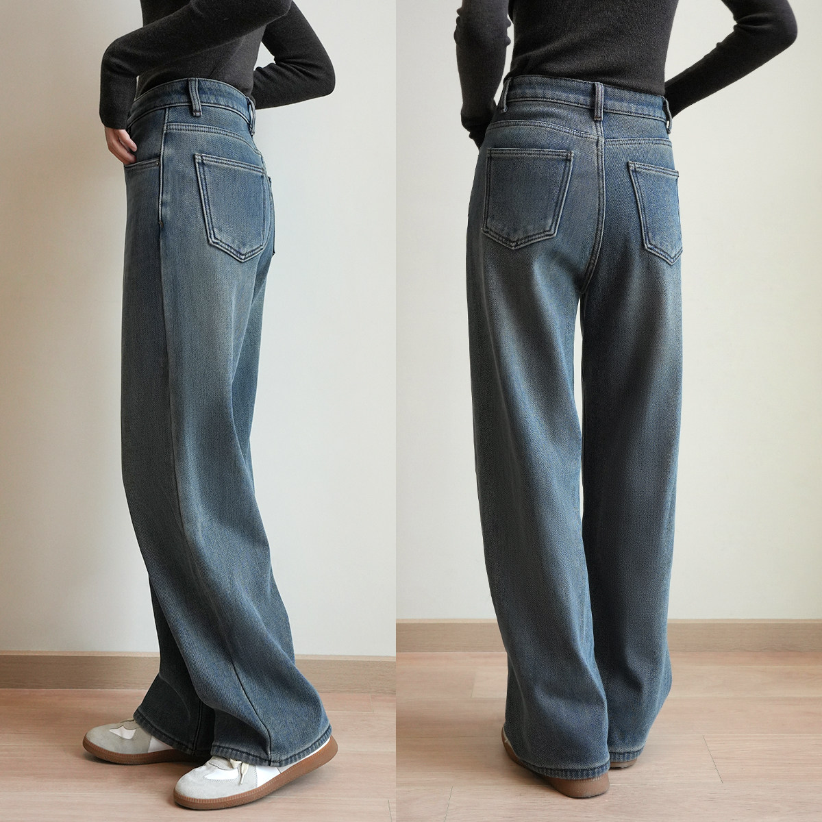 复合一体绒棉弹阔腿直筒牛仔裤冬