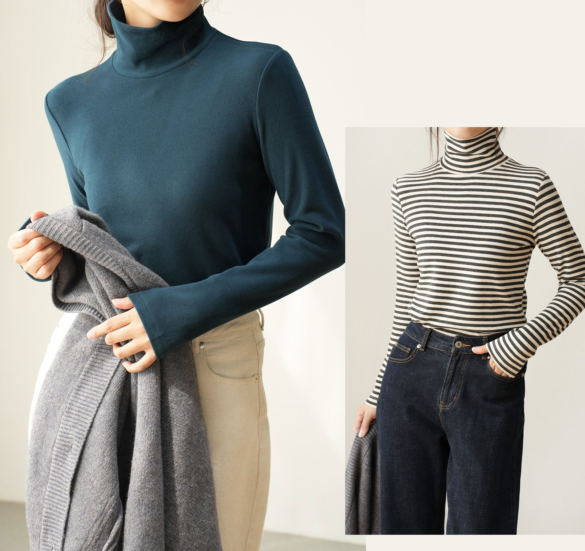 女士双面绒保暖长袖条纹高领秋冬