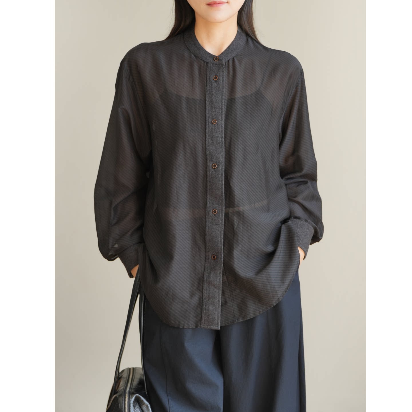 高品 棉+桑蚕丝黑色条纹立领衬衫 女士轻薄微透长袖 春秋款 女装