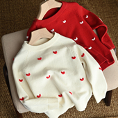 上衣 中小童女童棉线长袖 新年款 手工摇花爱心毛衣儿童圆领针织衫