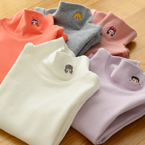 高领纯棉刺绣中大童秋冬长袖t恤