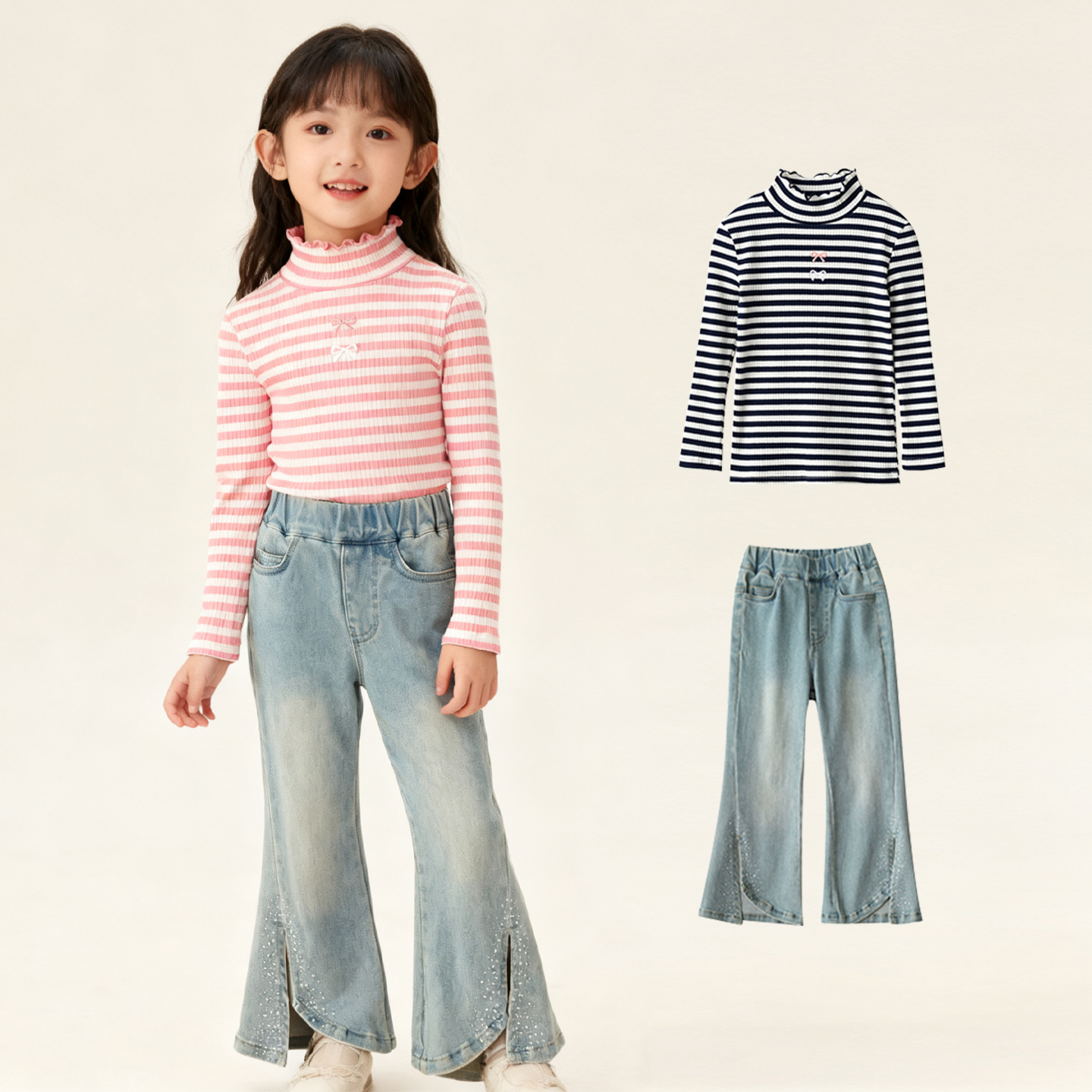 儿童高领条纹长袖T恤打底衫春秋