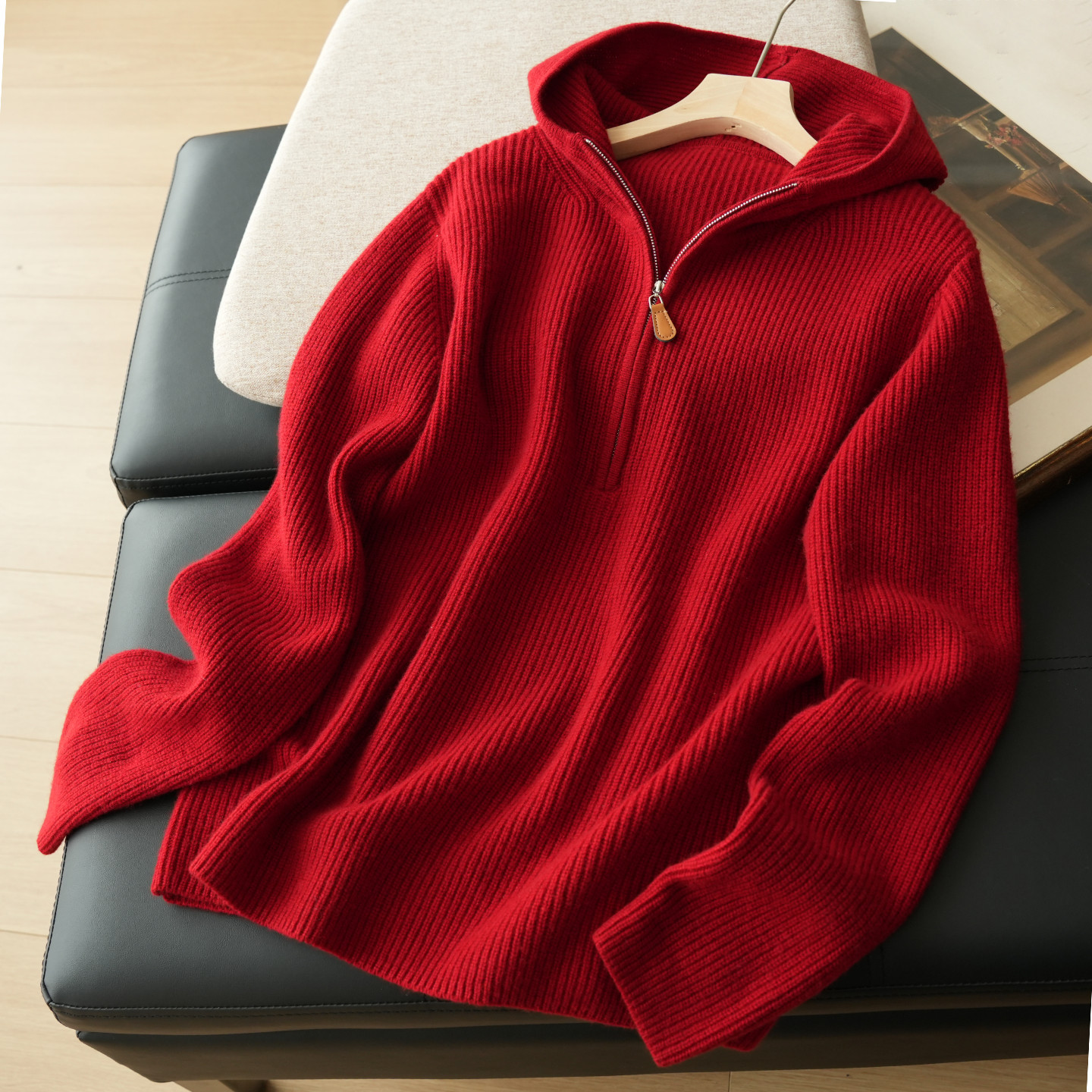 新年款 羊毛+羊绒 女士大红连帽毛衣半开领长袖针织衫上衣 秋冬款