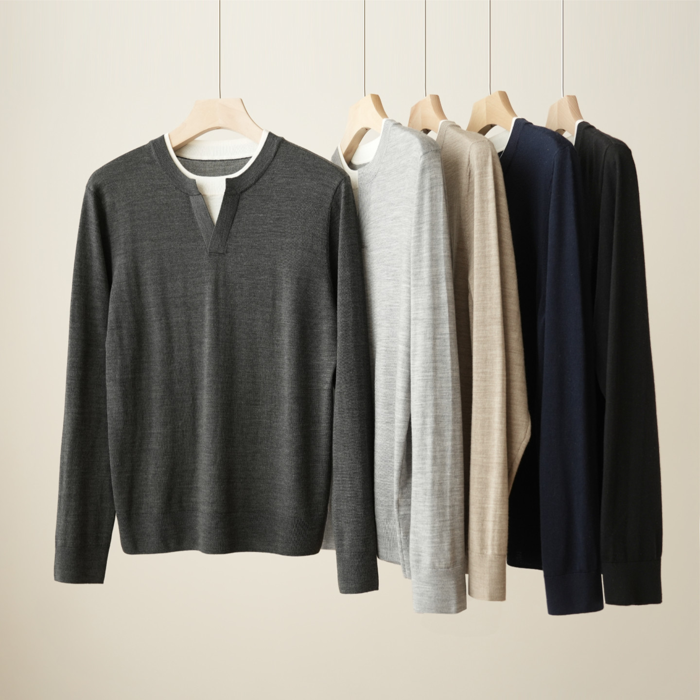 精纺绵羊毛男士针织衫 亨利领假两件上衣 基础百搭毛衣 春款上衣