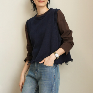 秋k 背心上衣 女士290g全棉圆领细针织马甲 纯色百搭毛边叠穿无袖