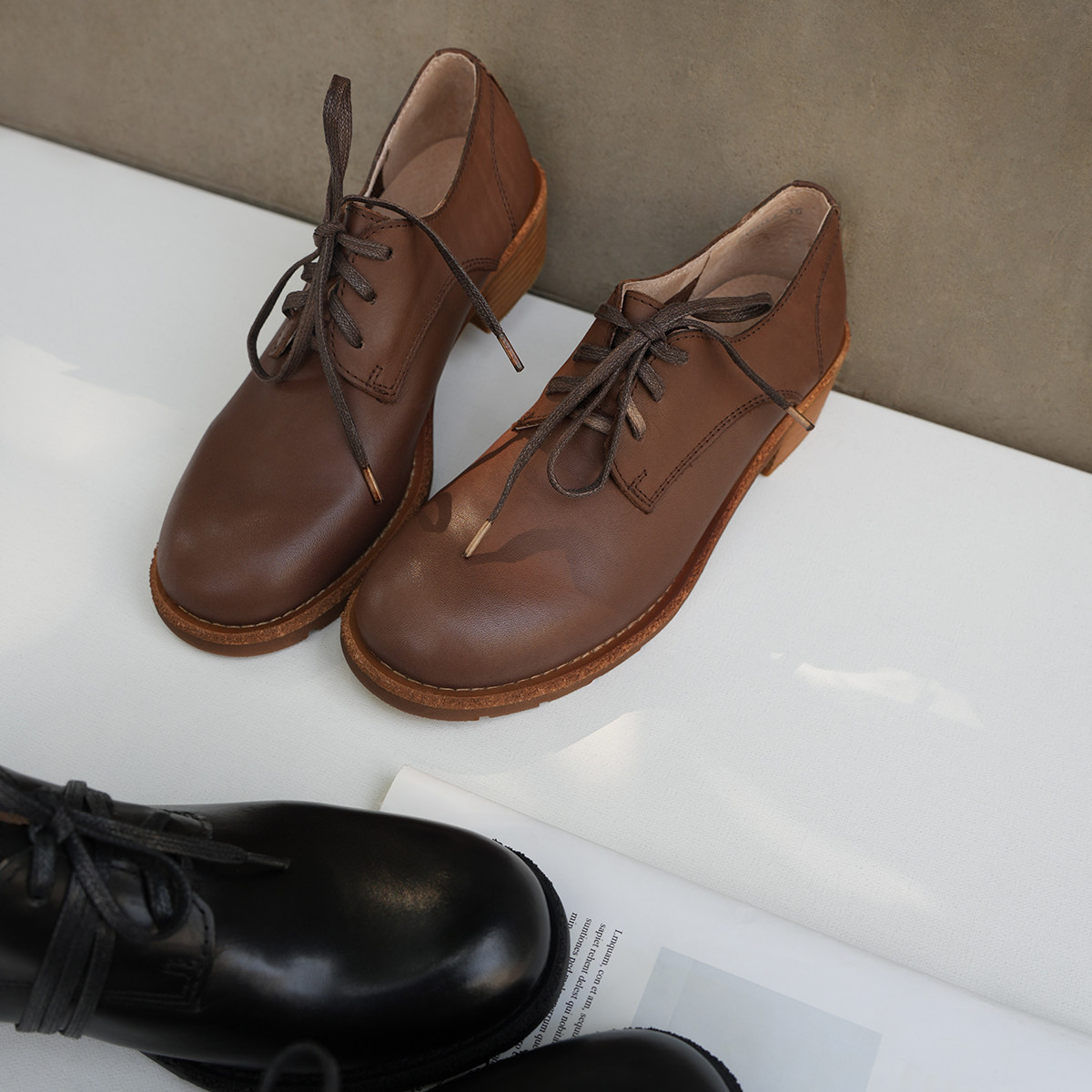 头层牛皮圆头英伦风单鞋 真皮粗跟乐福鞋 平底系带通勤女鞋k,女鞋,浅口单鞋,淘宝优惠券,粉丝福利购,淘宝优惠卷