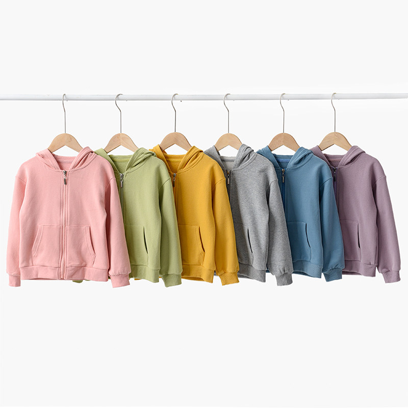 소년과 소녀를 위한 아동용 순면 테리 가디건 중년 및 노년층 어린이를 위한 솔리드 컬러 후드 커프 스포츠 재킷