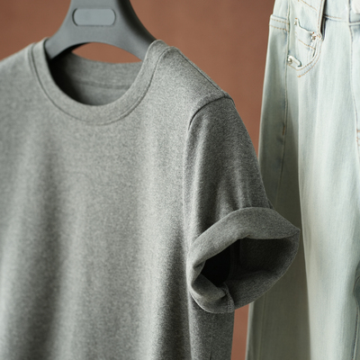 女士纯棉正肩圆领灰色短袖T恤夏