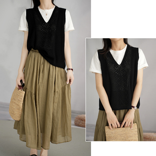 森系 纯棉叠穿马甲 女士全棉V领针织马夹 毛线坎肩 春秋款 女装