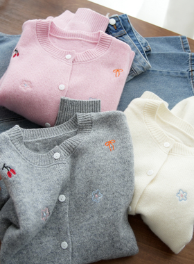 无补 女士圆领刺绣开衫毛衣 羊毛针织上衣外套 秋冬款 女装