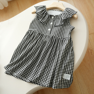 A类 纯棉背心裙 儿童格子蓬蓬裙 女童荷叶领连衣裙 中小童 夏款
