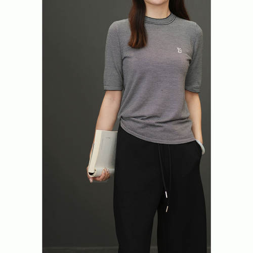 反季特 双股60支 CHAO细美利奴精纺羊毛 女士条纹针织短袖 T恤