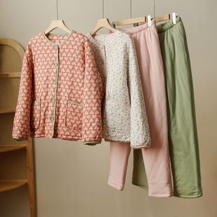 女士纯棉加厚夹棉家居服 冬款 厚款 棉袄棉裤 保暖睡衣套装 田园风