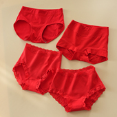 新年红 四季 女士纯棉内裤 双层底裆中高腰蕾丝透气弹力三角底裤