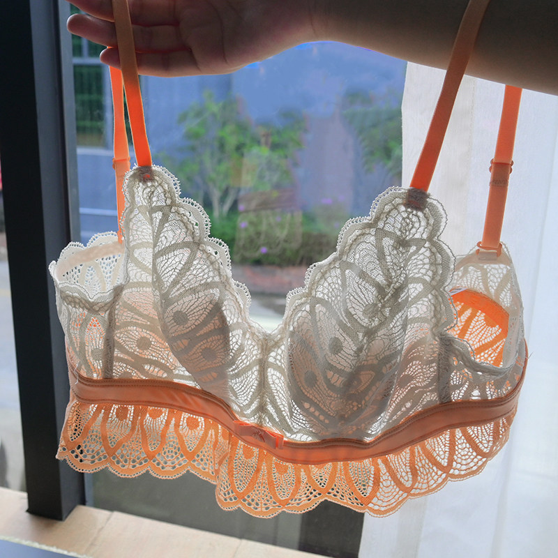 薄如蝉翼 法式蕾丝美背内衣 立体兔耳朵薄杯无钢圈聚拢女士文胸k