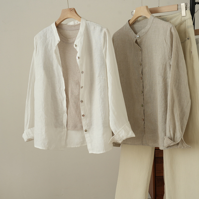 水沐良品水洗亚麻圆领开襟衬衣