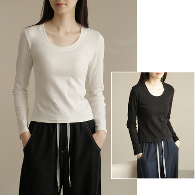 U领棉女士显瘦长袖打底衫短款T恤