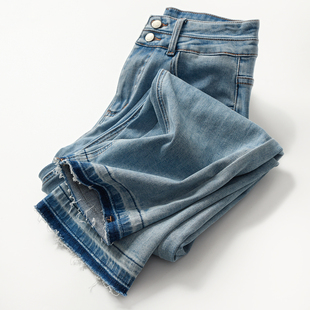 女士九分薄软弹力牛仔裤 双扣显瘦烟管裤 毛边拼色设计 好面料