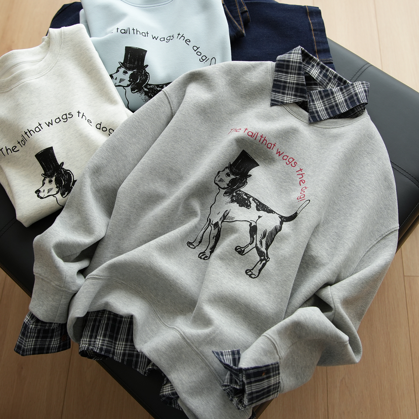 空气层小狗印花卫衣落肩长袖