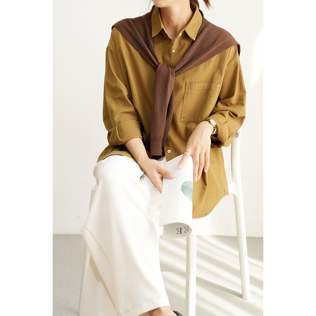 男友风 女士全棉衬衫 通勤白衬衣 大口袋宽松长袖开衫 春秋款女装