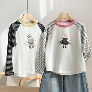 男童女童圆领长袖 童装 拼接打底衫 春秋款 中大童 儿童纯棉条纹T恤