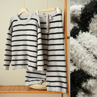 软乎乎女士半边绒条纹家居套装 基础百搭睡衣裤 可外穿 冬款 女装