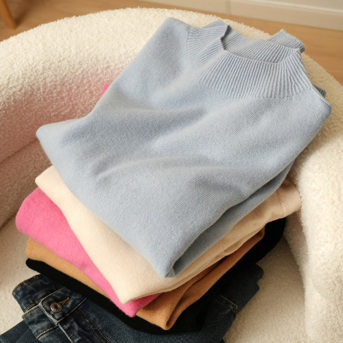 女士半高领纯色长袖羊毛衫