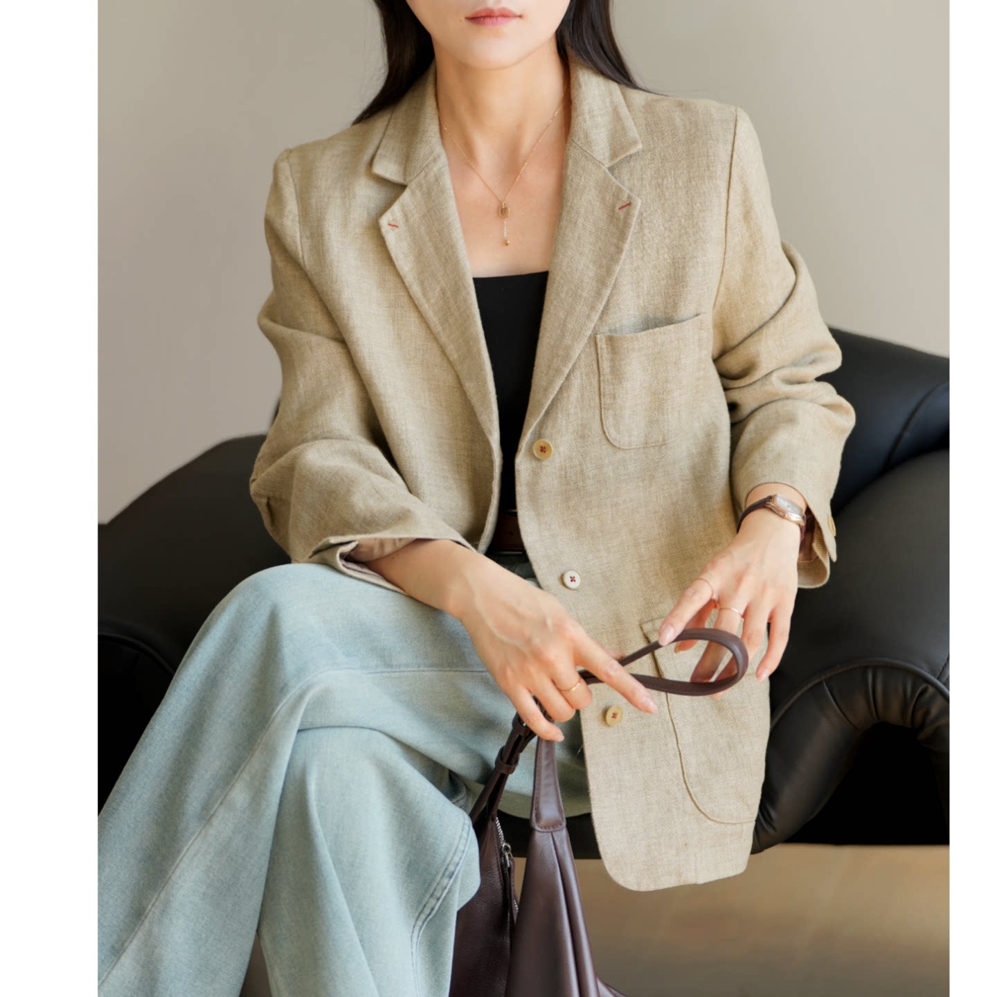 休闲通勤 色织全亚麻女士西装外套 薄款小西装 平驳领外套 春秋款