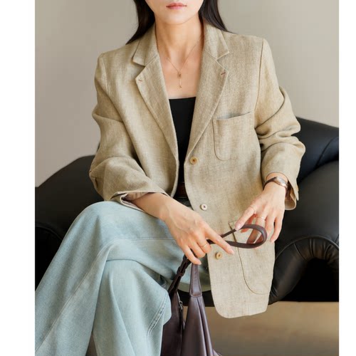 休闲通勤全亚麻女士西装外套