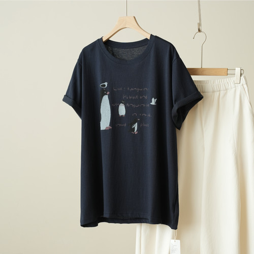企鹅印花短袖薄款夏季宽松落肩