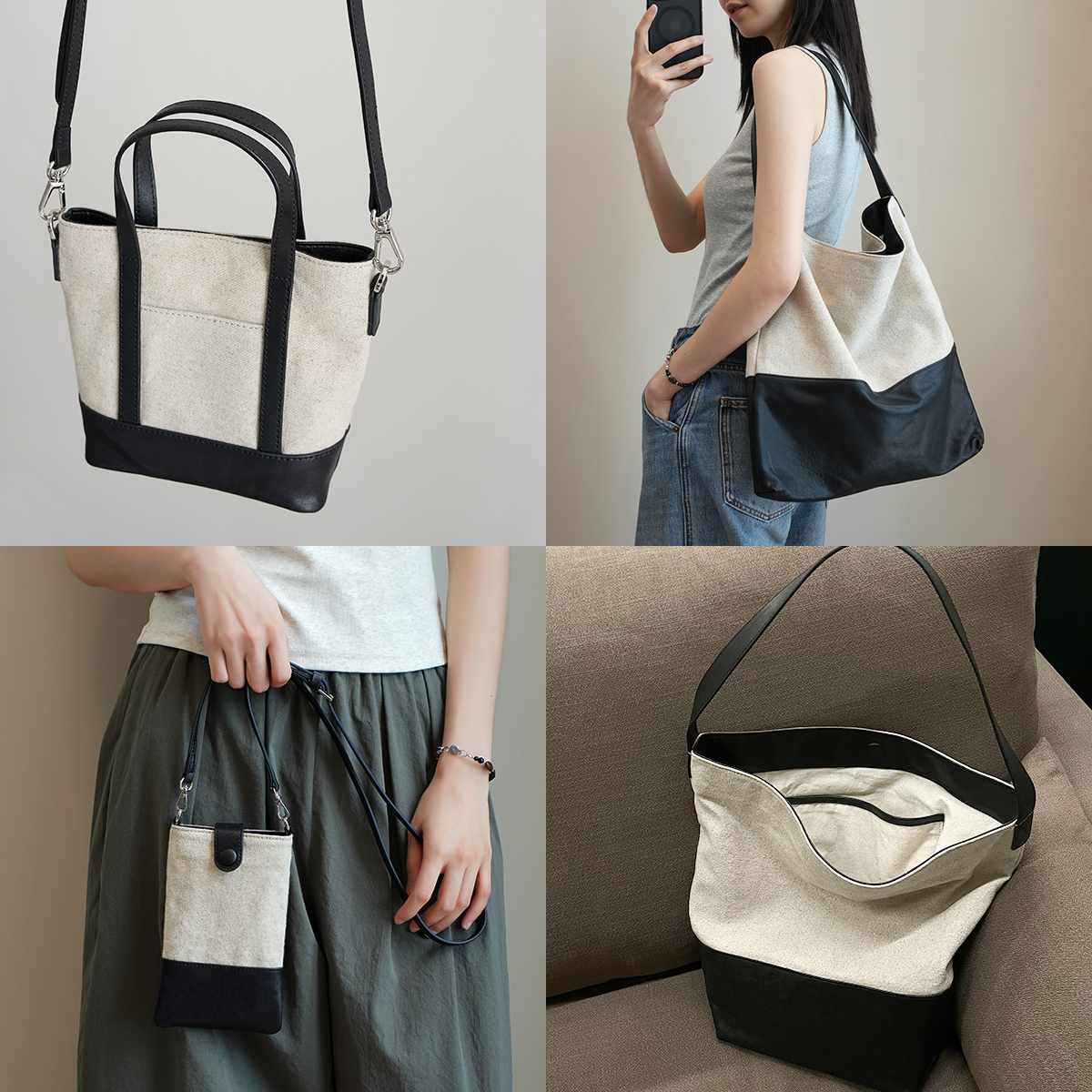 头层植鞣皮黑白撞色单肩托特包