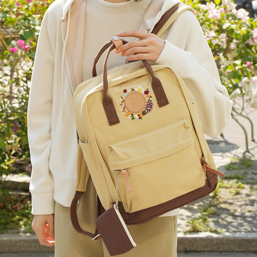 花朵刺绣帆布双肩包简约轻便书包