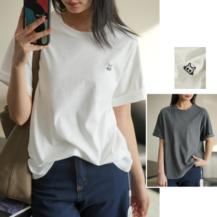春夏款 简约大版 休闲百搭女装 T恤衫 女士小猫咪刺绣磨毛短袖
