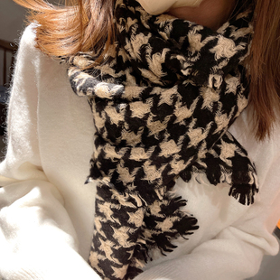 秋冬款 全山羊绒 撞色 立体编织 女士千鸟格加厚保暖围巾披肩