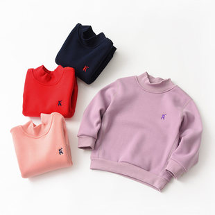 儿童加绒加厚半高领卫衣绒面一体男女童保暖上衣 中大童 秋冬