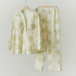 40支 双层绉布全棉家居服 纯棉V领带胸垫月子服 孕期哺乳期 睡衣