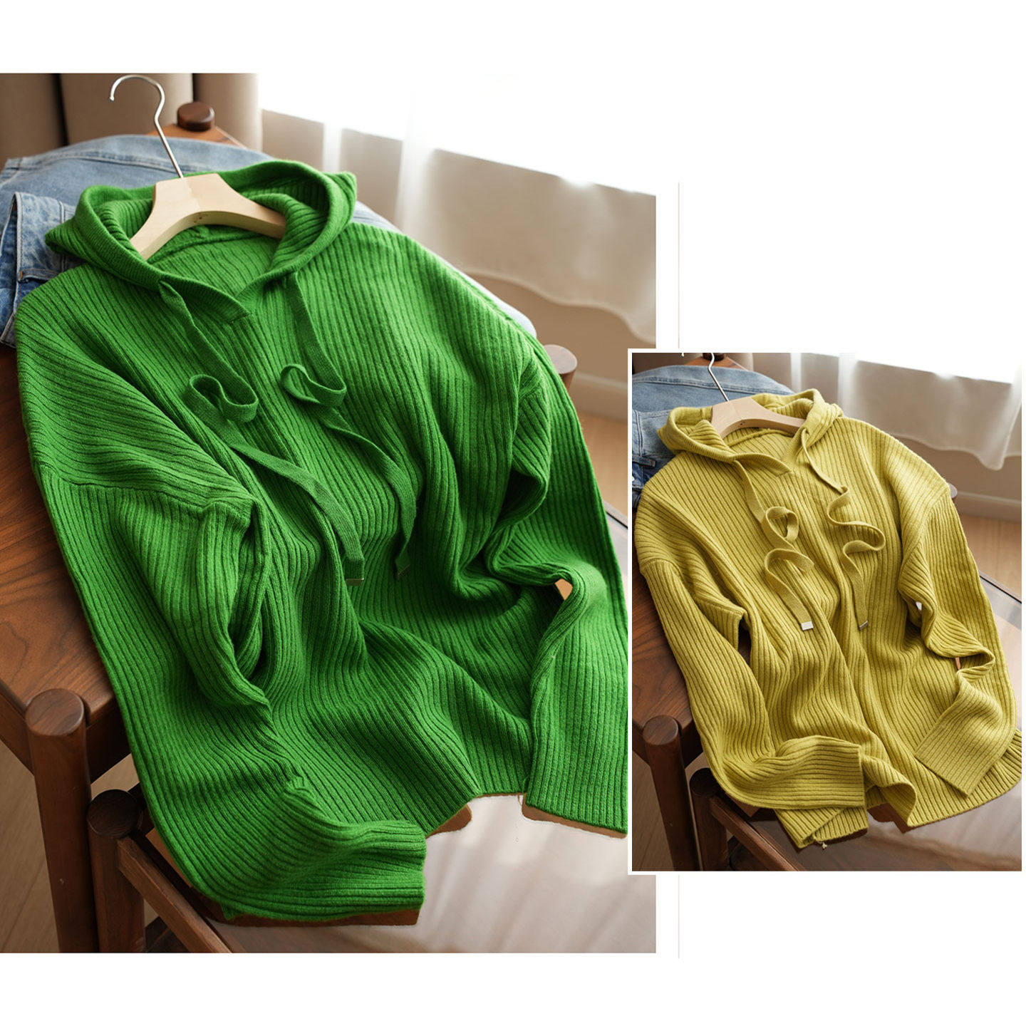 无补 女士连帽抽绳羊毛衫 坑条针织厚款毛衣 秋冬款女装